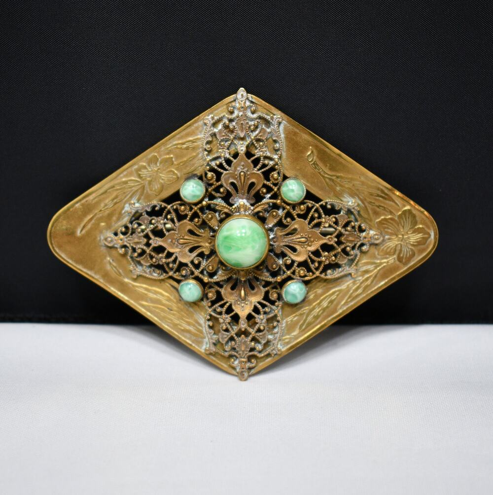 Vintage Brass Sash Pin, Green Marbled Cabochon, Early 1900s Vintage Jewelry